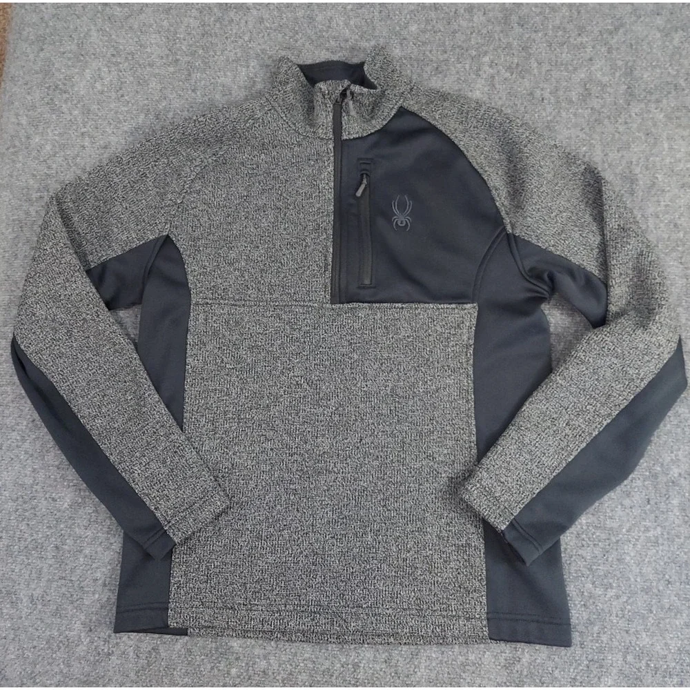 Spyder Pullover Sweater Mens Medium Gray Black Tech Mock Neck Ski Knit Outdoor